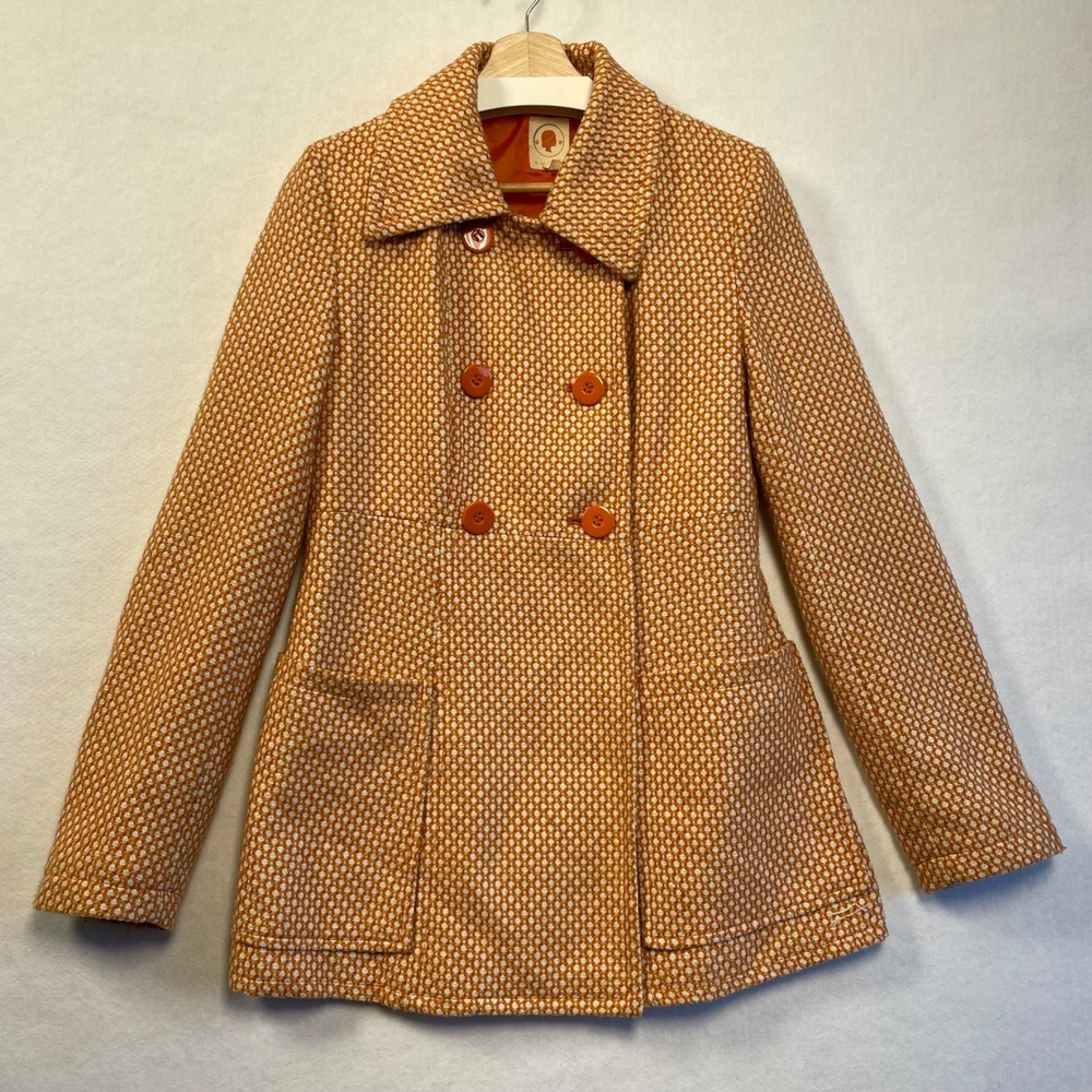 Tulle Orange‎ White Basketweave Wool Blend Pea Coat Jacket Retro Mod Womens L